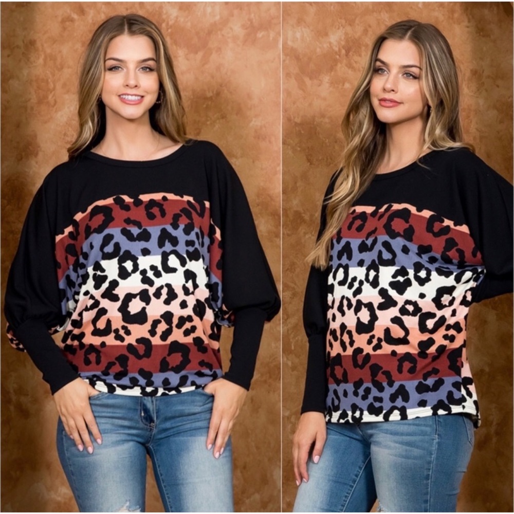 1 LEFT! Women's Cashmere Feel Leopard Printed Colorblock Stylish Fall Trendy Top - Picture 2 of 3
